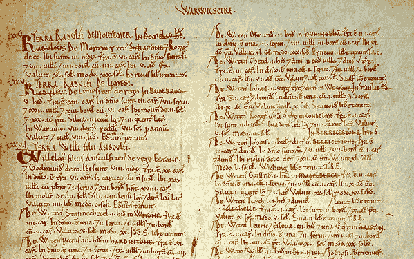 「11世紀ウォリックシャーのドゥームズデイ・ブックの写本」（イギリス国立公文書館収蔵）／パブリックドメイン画像、 via Wikimedia Commons