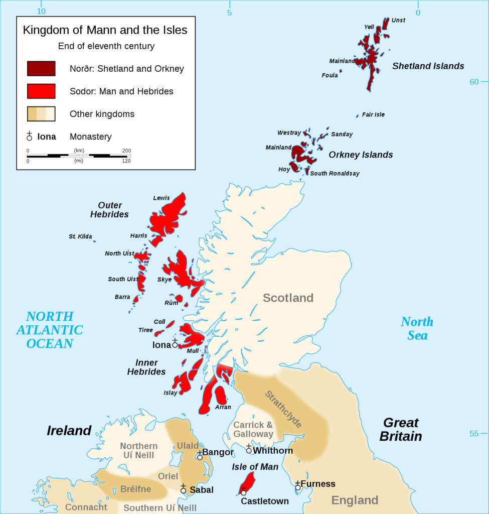 11世紀ノルウェー宗主権下の北部諸島。オークニー諸島とシェトランド諸島がノルド人勢力
