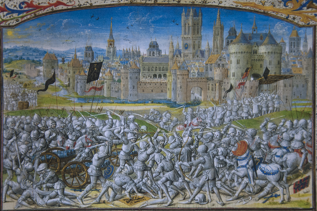 「ビーファハウツフェルトの戦い」（フロワサール年代記、十五世紀、ベルリン州立図書館収蔵）