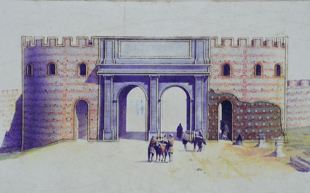「カムロドゥヌムにあるローマ時代（一世紀）の門、バルケルン門の復元図」