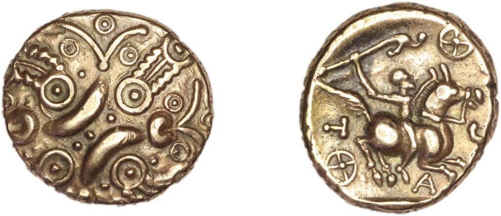 「セント・オールバンズ市で発見されたBC20-10年頃のタスキオウァヌス王の金貨」（1919年発見）