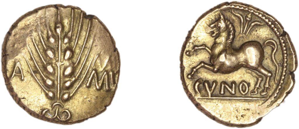「コルチェスター市で発見されたAD10-40年頃のクノベリヌス王の金貨」（1855年発見）