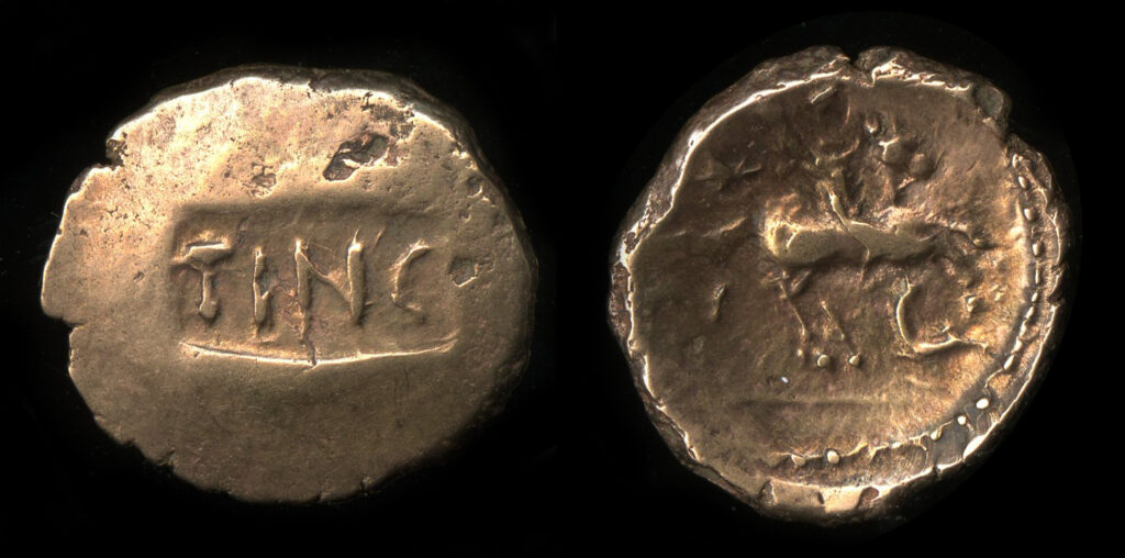 「ハンプシャー州で発見されたBC20-10年頃のティンコマルス王の金貨」（1996年発見）