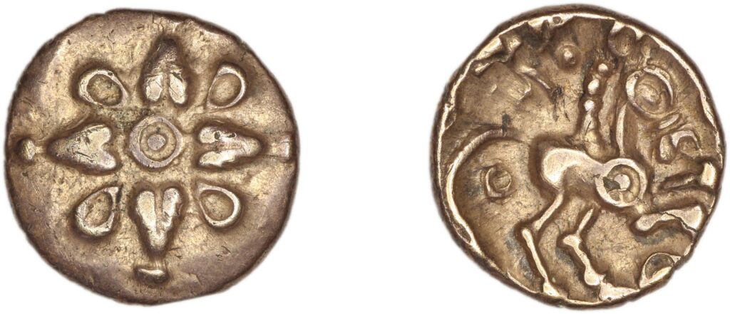 「ハートフォードシャー州ブラウイングで発見されたBC30-BC10年頃のアッデドマルス王の金貨」（1919年発見）