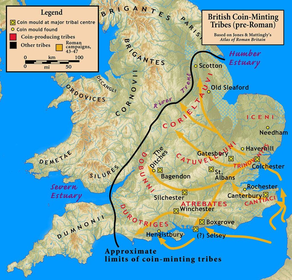 「西暦43-47年のローマ軍侵攻と各部族の地図。黄色は各部族の貨幣発行拠点」