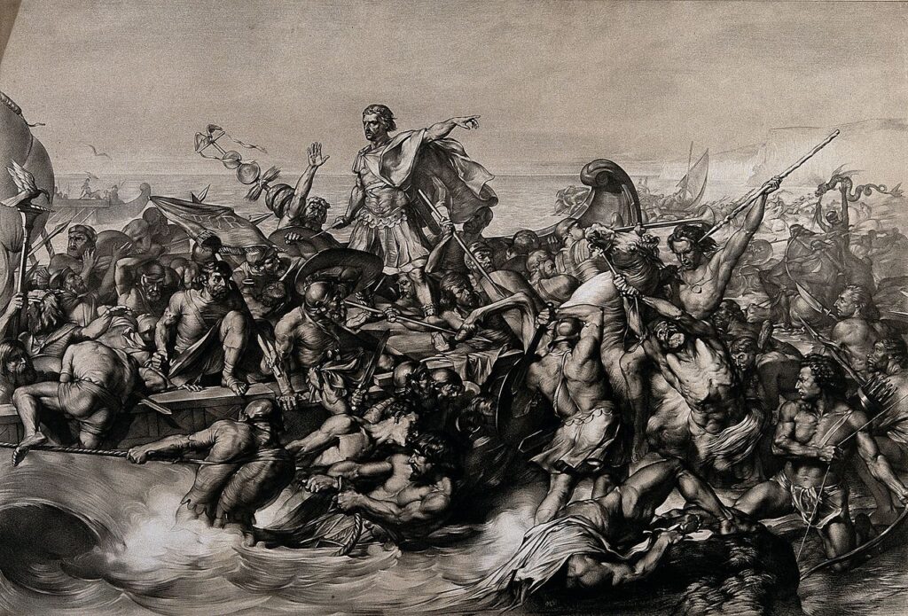 「カエサルの第一次ブリテン島侵攻で上陸時の戦闘を描いたリトグラフ」（エドワード・アーミテージの絵を模したウィリアム・リンネルのリトグラフ、19世紀）