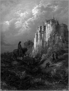 キャメロット城（ギュスターヴ・ドレ画「アルフレッド・テニスンの国王牧歌」、1867年） パブリックドメイン画像