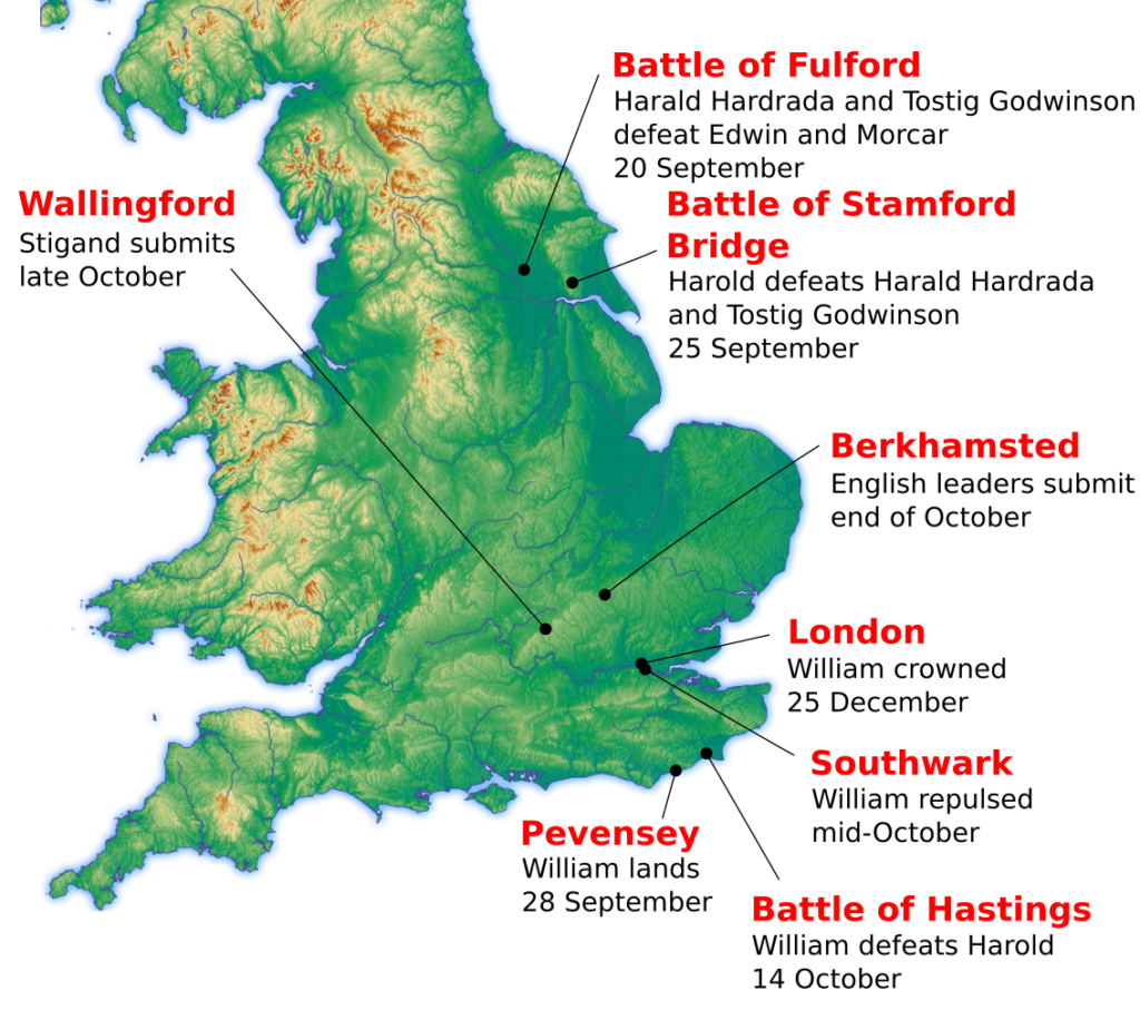 「ノルマン・コンクェスト1066年の地図」 Credit:Amitchell125 at English Wikipedia, CC BY 3.0 , via Wikimedia Commons