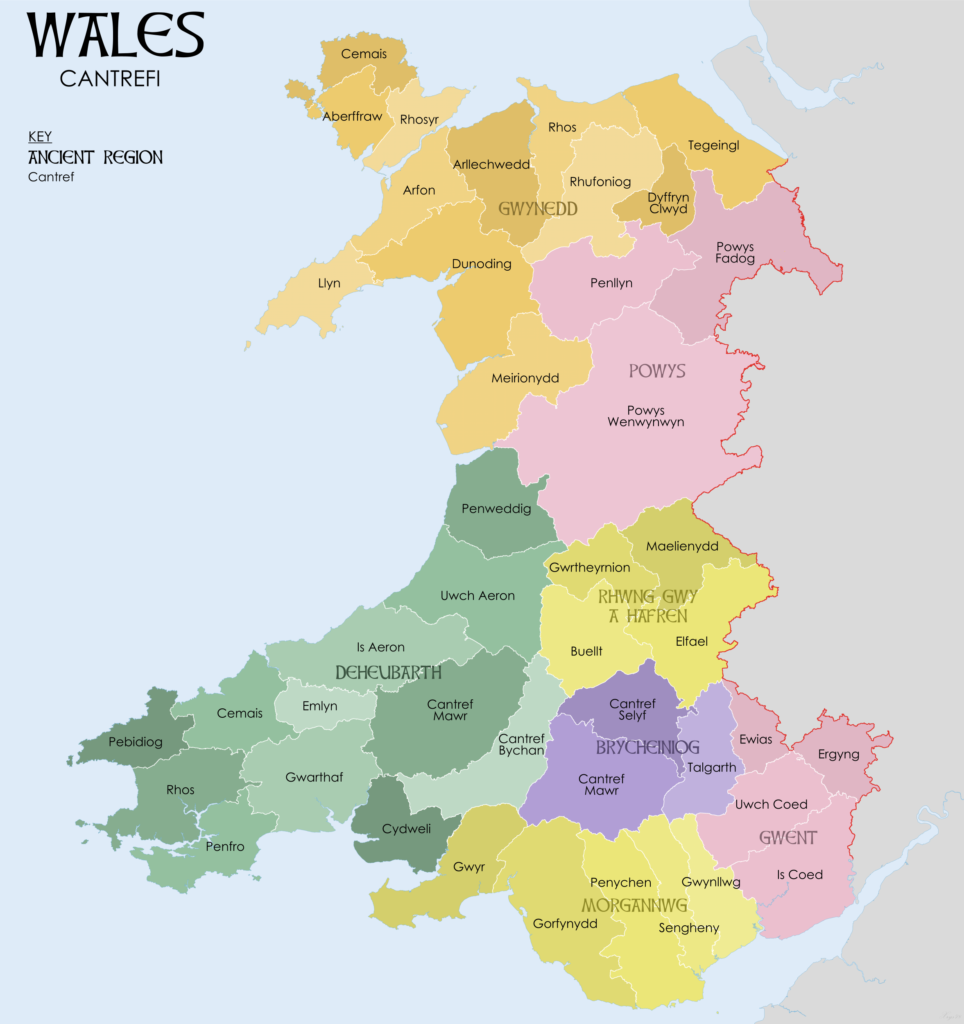 「中世ウェールズにおけるカントレヴ（小王国を基にした地方区分）地図」