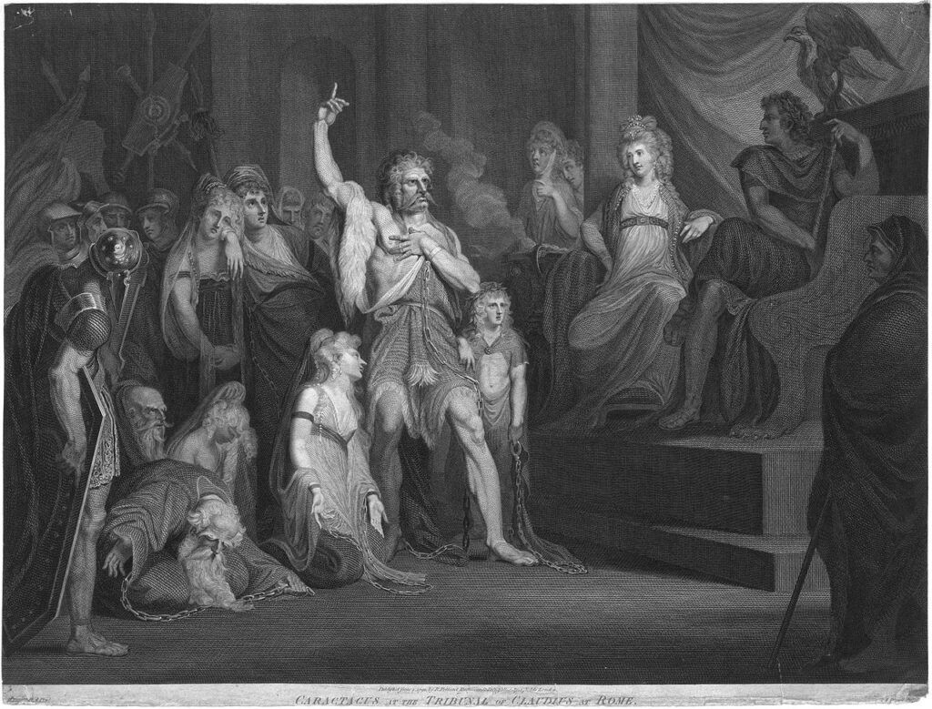 「ローマのクラウディウス帝の審判におけるカラタクス（Caractacus at the Tribunal of Claudius at Rome）」（ヨハン・ハインリヒ・フュースリー作/アンドリュー・ビレル刷、版画、1792年）