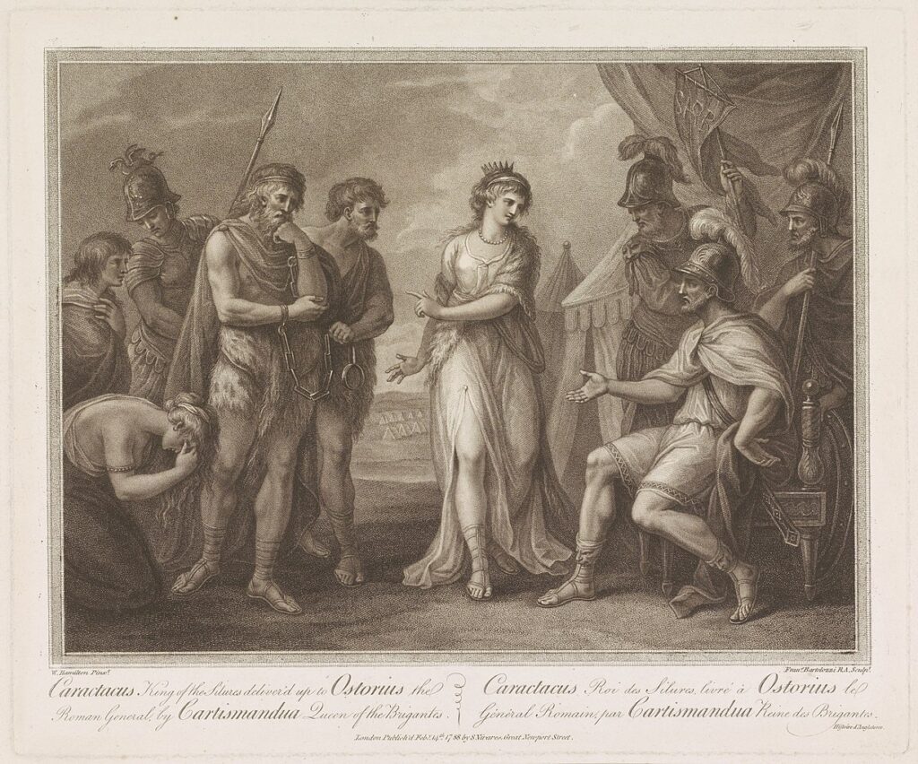 「捕らえたカラタクス王をローマ軍に引き渡すカルティマンドゥア女王」（フランチェスコ・バルトロツィの版画、1788年、アムステルダム国立美術館収蔵）